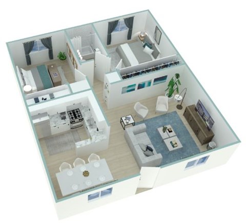 A 3D floor plan of a house with a kitchen, living room, and bathroom.
